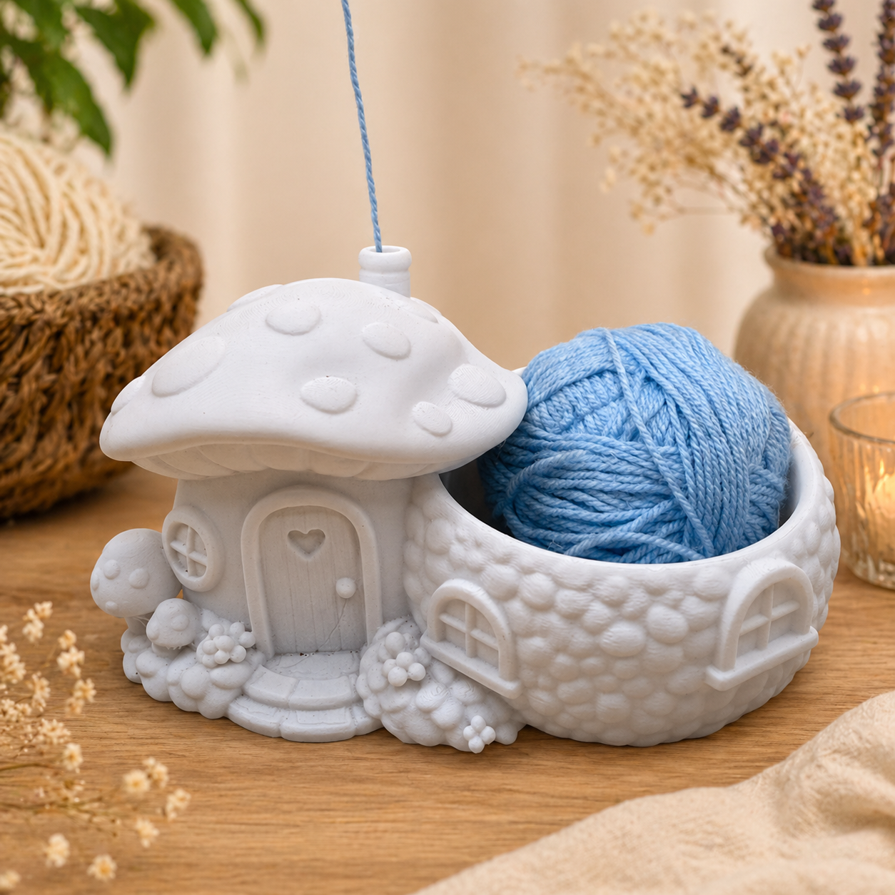 Zauberpilz Garnschale – 3D gedruckte Wollhalterung mit Märchenhaus